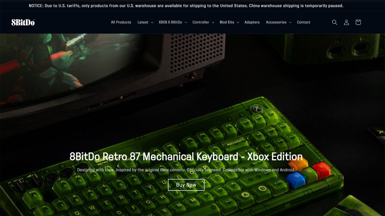 A screenshot of 8BitDo's official webstore with a notice for halt in U.S. shipments on top