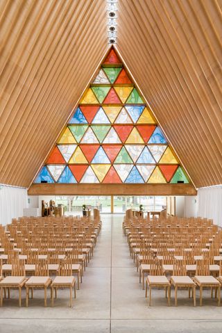Cardboard Cathedral with seats inside