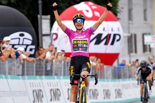 PUEGNAGO DEL GARDA ITALY JULY 08 Marianne Vos of Netherlands and Jumbo Visma Team Purple Points Jersey stage winner celebrates at arrival during the 32nd Giro dItalia Internazionale Femminile 2021 Stage 7 a 1096km stage from Soprazocco di Gavardo to Puegnago Del Garda 219m GiroDonne UCIWWT on July 08 2021 in Puegnago del Garda Italy Photo by Luc ClaessenGetty Images