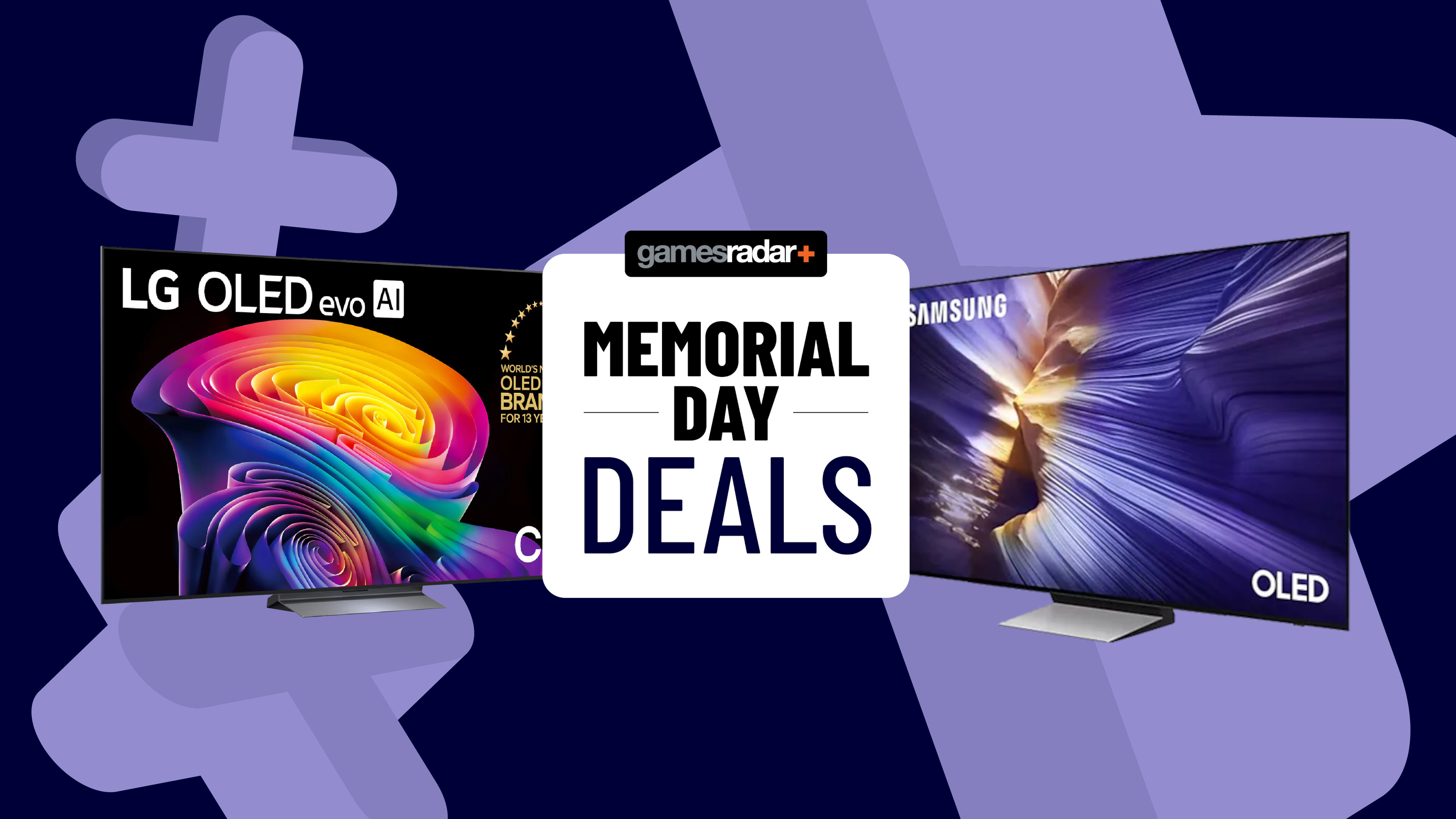 LG and Samsung OLED TVs on a dark blue background with Memorial Day deals badge