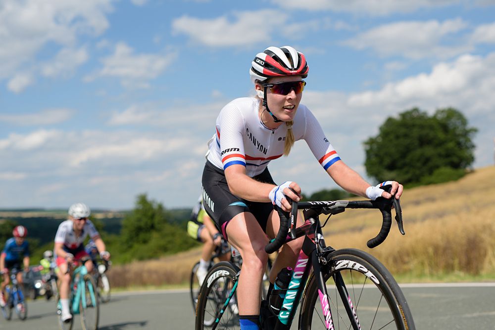 Hannah Barnes (CANYON//SRAM Racing) on her way to the Hankaberg summit at Th&uuml;ringen Rundfarht 2016 - Stage 5