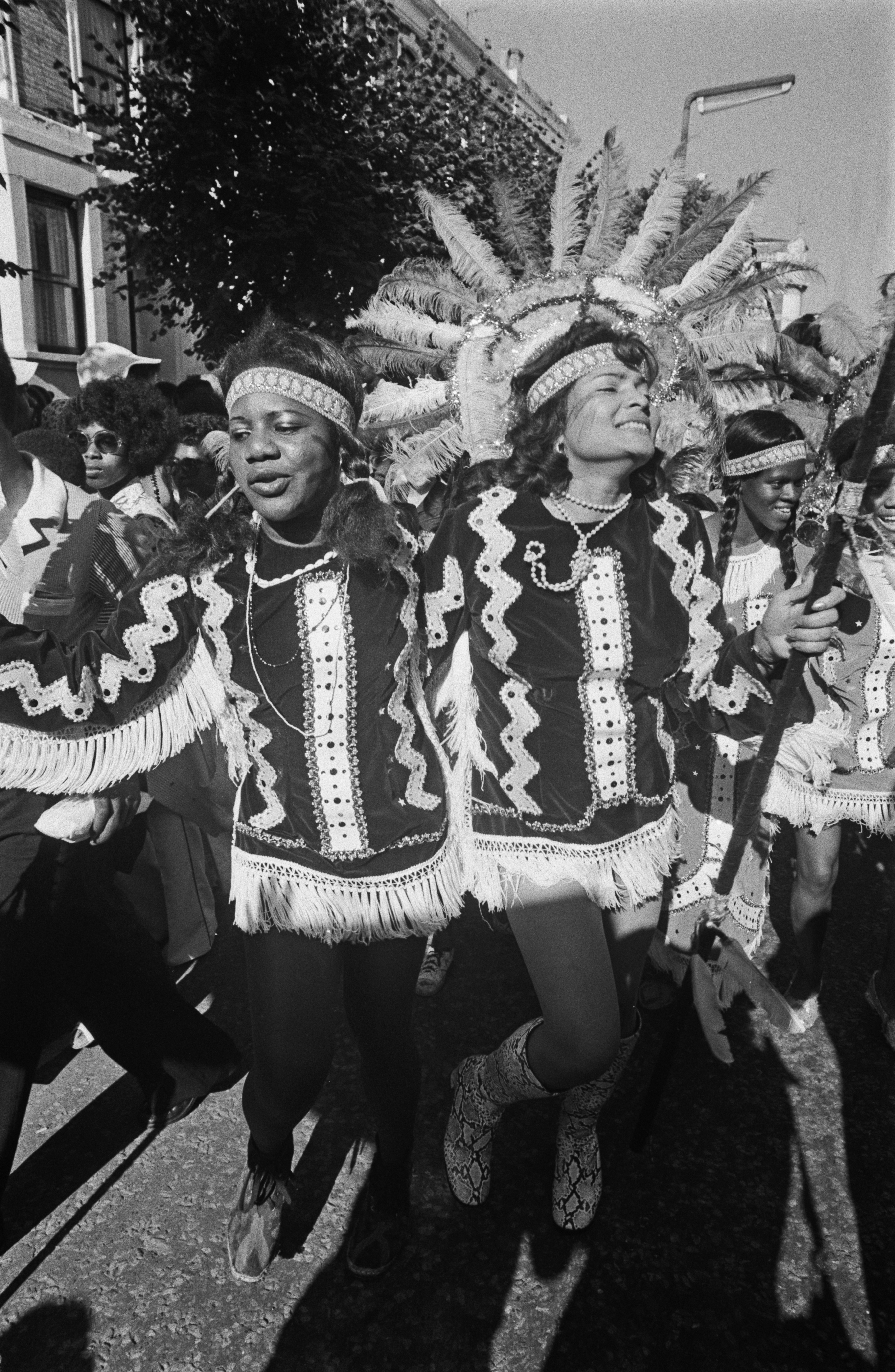 Performers in costumes participate in the parade at the Notting Hill Carnival in London, August 30th 1977.