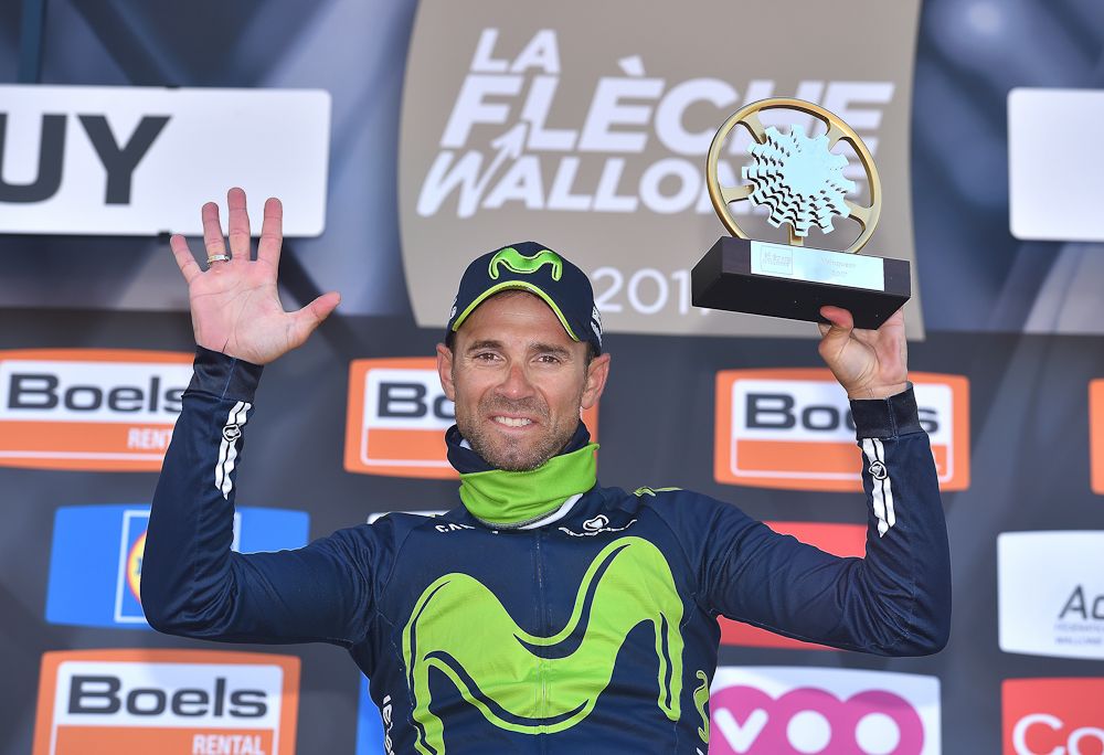 Alejandro Valverde (Movistar) on the podium after winning the 2017 Fleche Wallonne