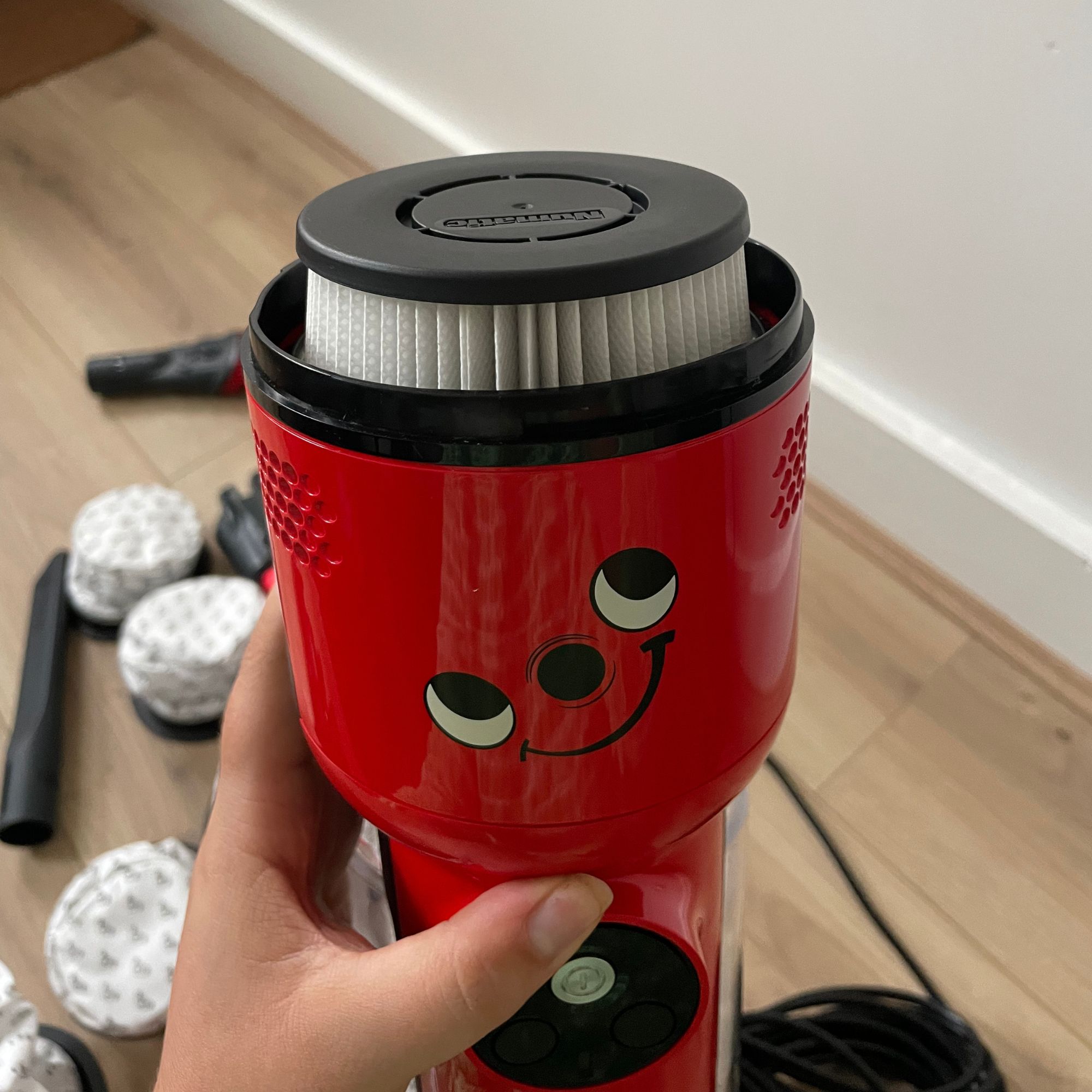 Top of the Henry Quick Corded Vacuum Cleaner, showing the filter inside