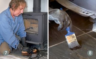 Woman cleaning in front of wood burning stove and apply product with brush to hearth