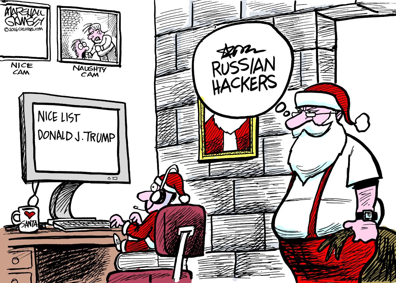 Political cartoon U.S. Donald Trump Christmas Russian hackers