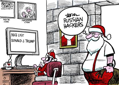 Political cartoon U.S. Donald Trump Christmas Russian hackers
