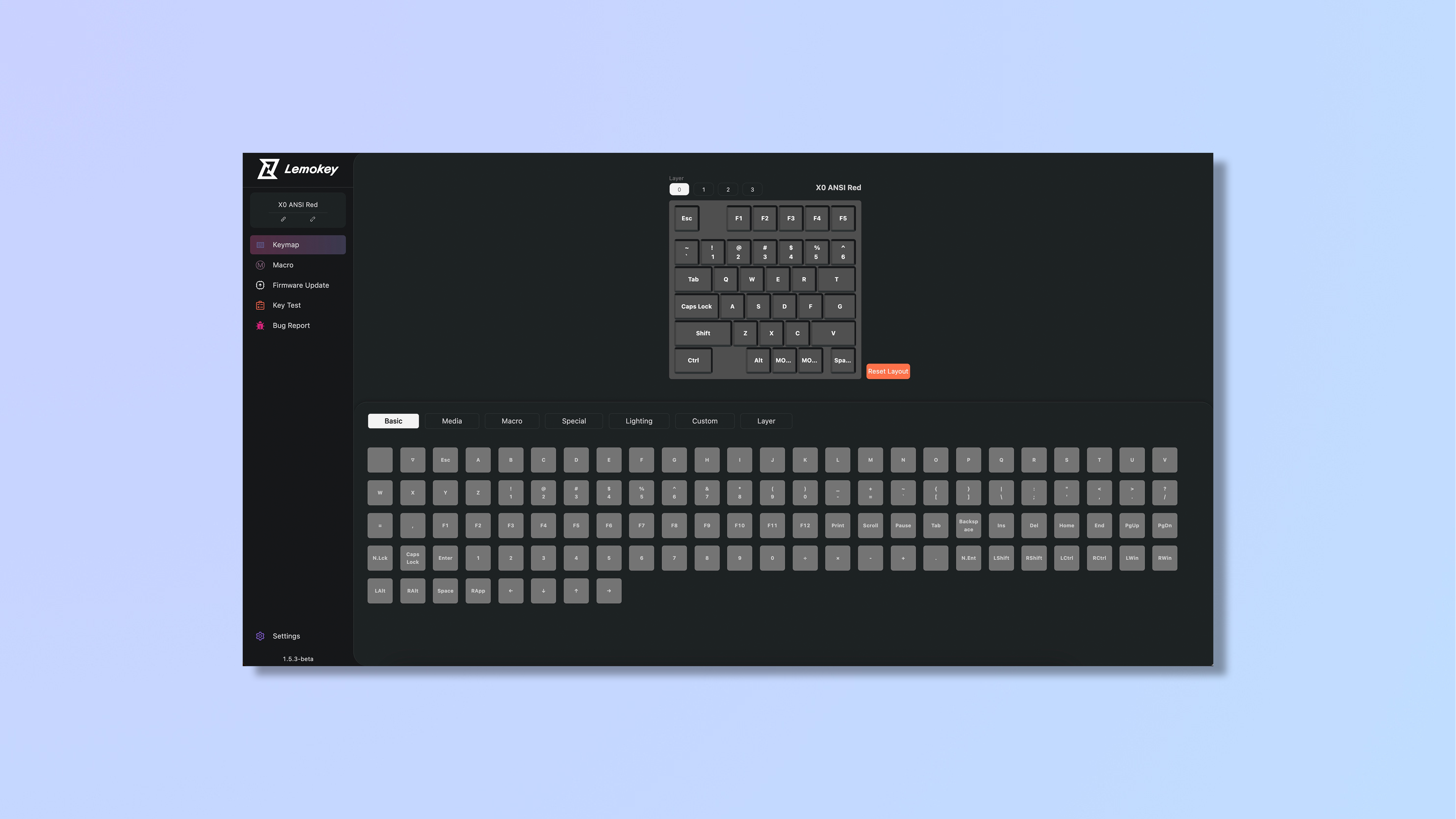 Screenshot of the Lemokey Launcher browser app for the Lemokey X0 keypad