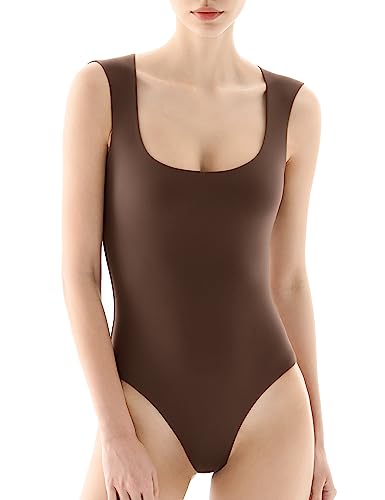Pumiey Bodysuit for Women Square Neck Sleeveless Body Suit, Tiramisu Large