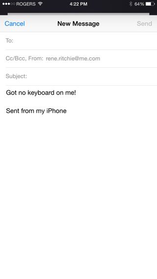 How to hide the keyboard while writing an email: Touch the message above the keyboard and swipe down.