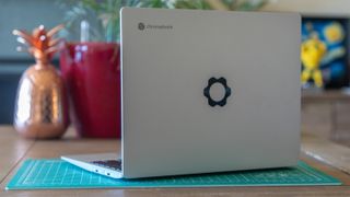 Framework Laptop Chromebook Edition on a desk open, lid facing camera