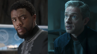 Chadwick Boseman and Martin Freeman in Black Panther, side by side.