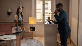 emily in paris l to r lily collins as emily and samuel arnold as luke in episode 101 of emily in paris cr carole bethuelnetflix © 2020
