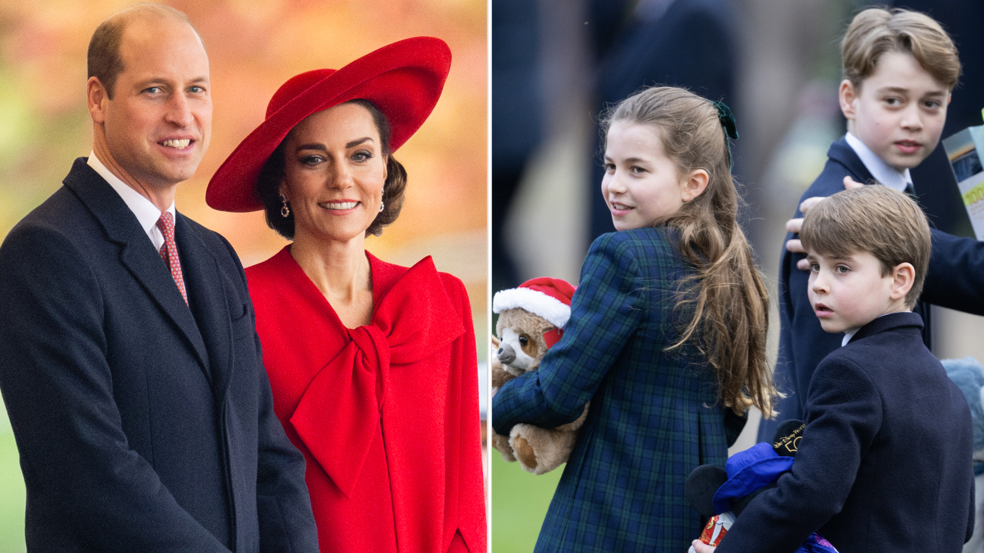 Princess Charlotte, Prince Louis, and Prince George carry cuddly toys and gifts on Christmas Day 2024 in Sandringham