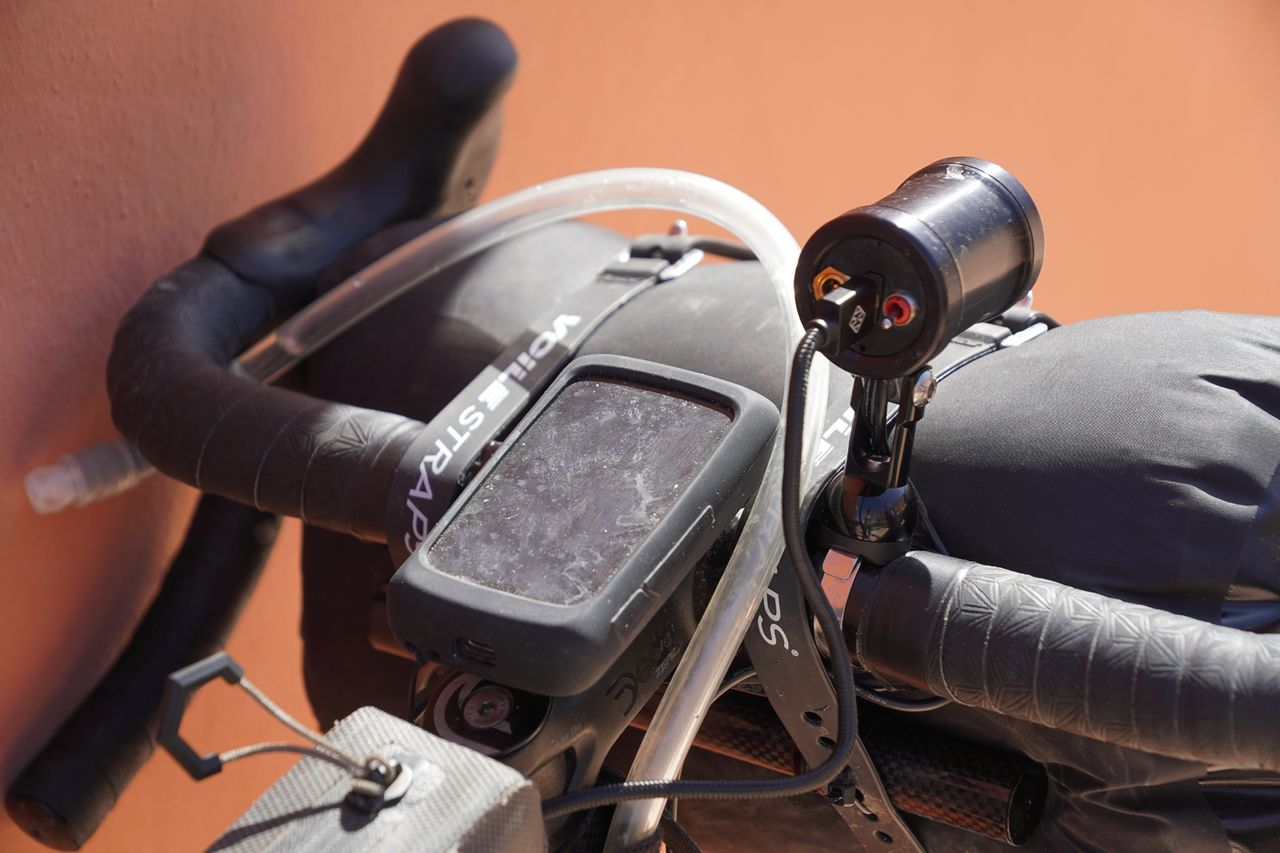 Image shows the tech on one of the bikes being ridden at the Atlas Mountain Race