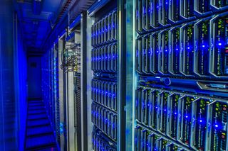servers in a rack blue glow