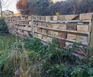 Brick stacked on multiple shelves in a garden