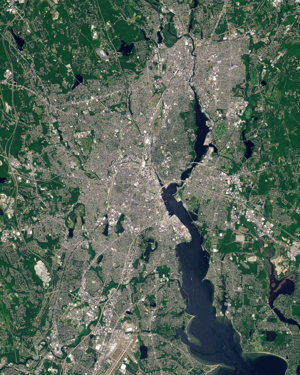 Providence, Rhode Island, seen from space on May 31 and June 6, 2023, by satellites operated by California company Planet. The before-and-after views show the impact of smoke from Canadian wildfires.