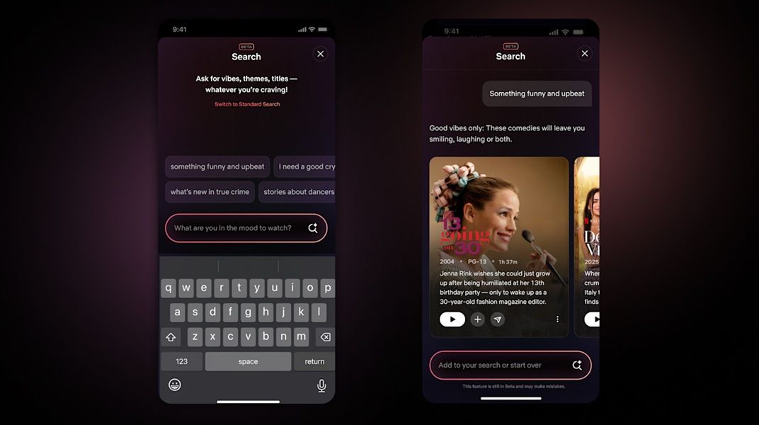 An example of Netflix's generative AI experience for phones that lets users engage with Search in a "conversational way."