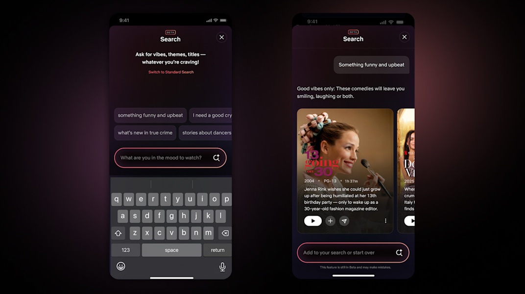 An example of Netflix's generative AI experience for phones that lets users engage with Search in a "conversational way."