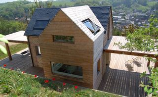 Side view of house with wooden cladding