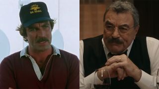 Tom Selleck in a hat in Magnum P.I. scene and at the Reagan dinner table in Blue Bloods.