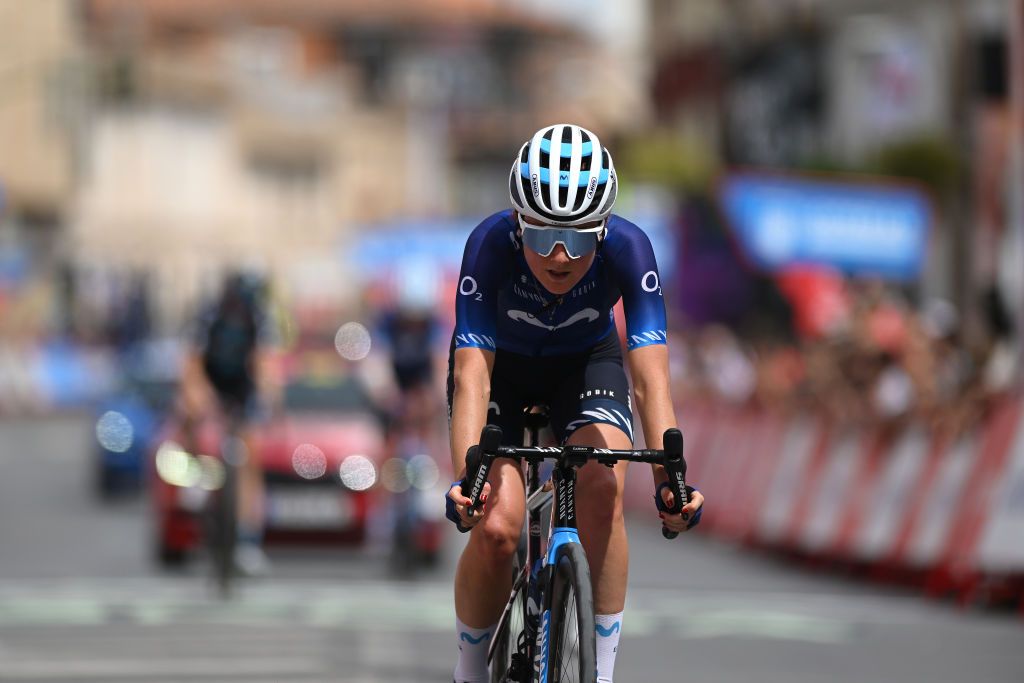 LA RODA SPAIN MAY 03 Floortje Mackaij of The Netherlands and Movistar Team crosses the finish line during the 9th La Vuelta Femenina 2023 Stage 3 a 1578km stage from Elche de la Sierra to La Roda UCIWWT on May 03 2023 in La Roda Spain Photo by Dario BelingheriGetty Images