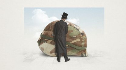 Illustration of an Orthodox Jew standing in front of a military helmet
