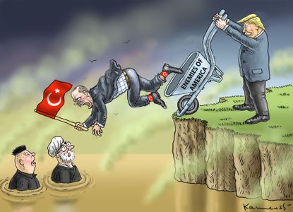 Political cartoon World Trump U.S. enemies Turkey Iran North Korea