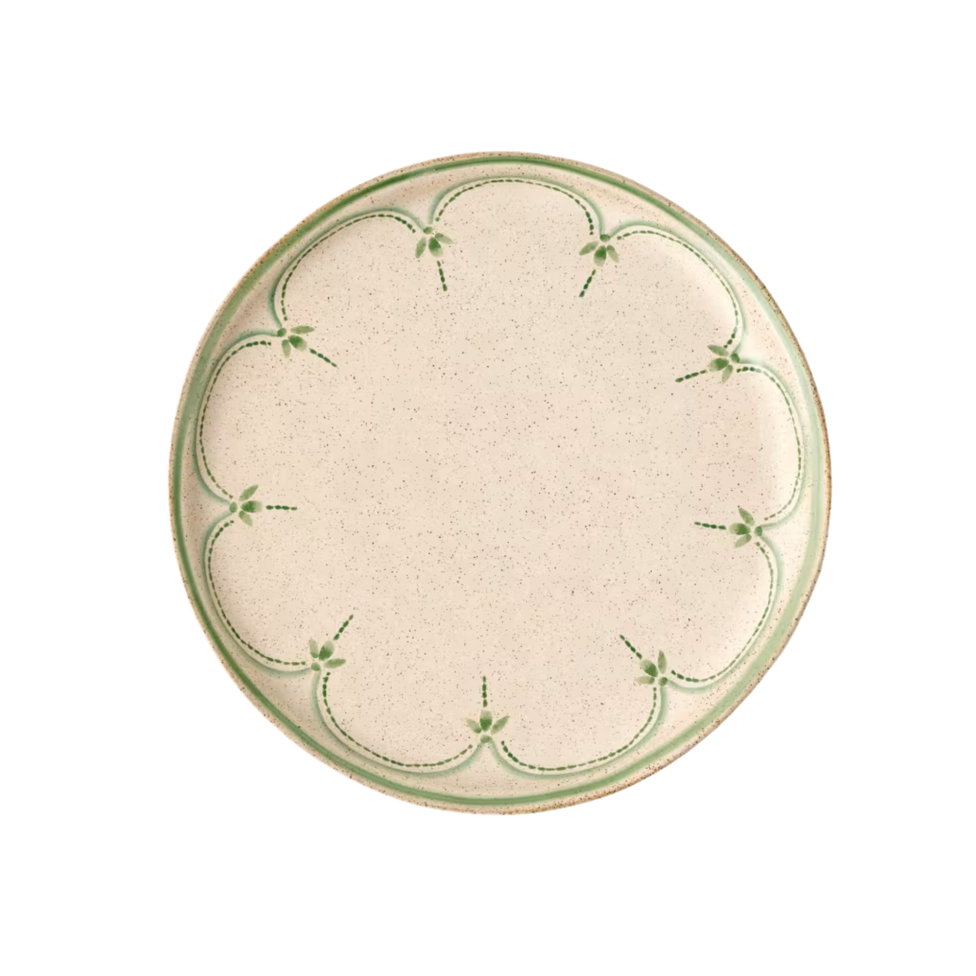 off-white salad plate with a green border and green scallop motif 