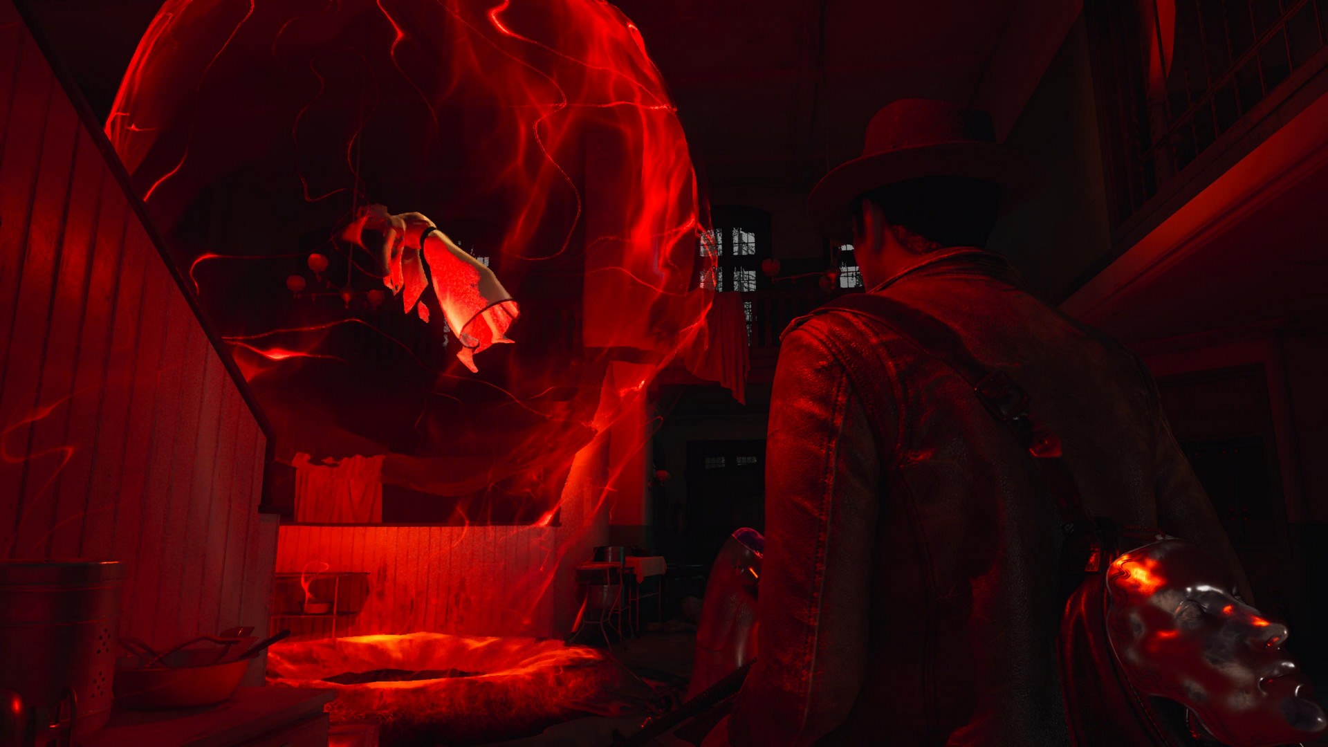 Calvin looks at a body suspended in a red orb of energy in The Sinking City 2