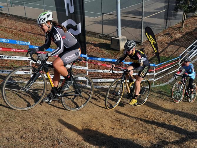Rebecca Blatt (Van Dessel Sports) leads the chase of Carey near the end of the opening lap.