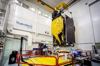 The EUTELSAT 8 West B satellite, here undergoing a vibration test, was launched toward orbit by an Ariane 5 rocket on Aug. 20. The satellite will aid broadcasting over the Middle East and North Africa.
