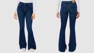 model wearing hollister flared petite jeans