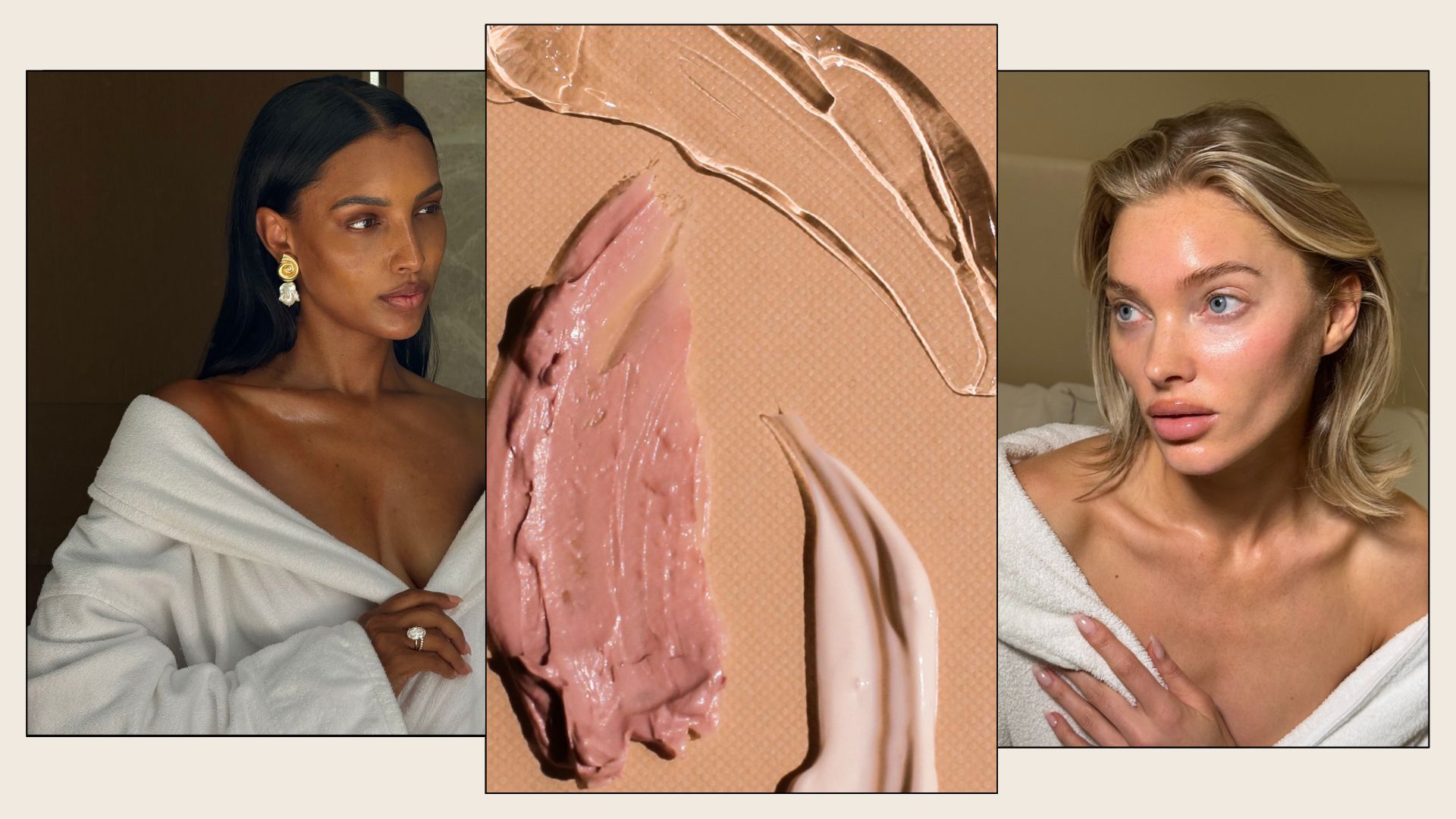A collage with pictures of Jasmine Tookes And Elsa Hosk in dressing gowns collaged with body serums