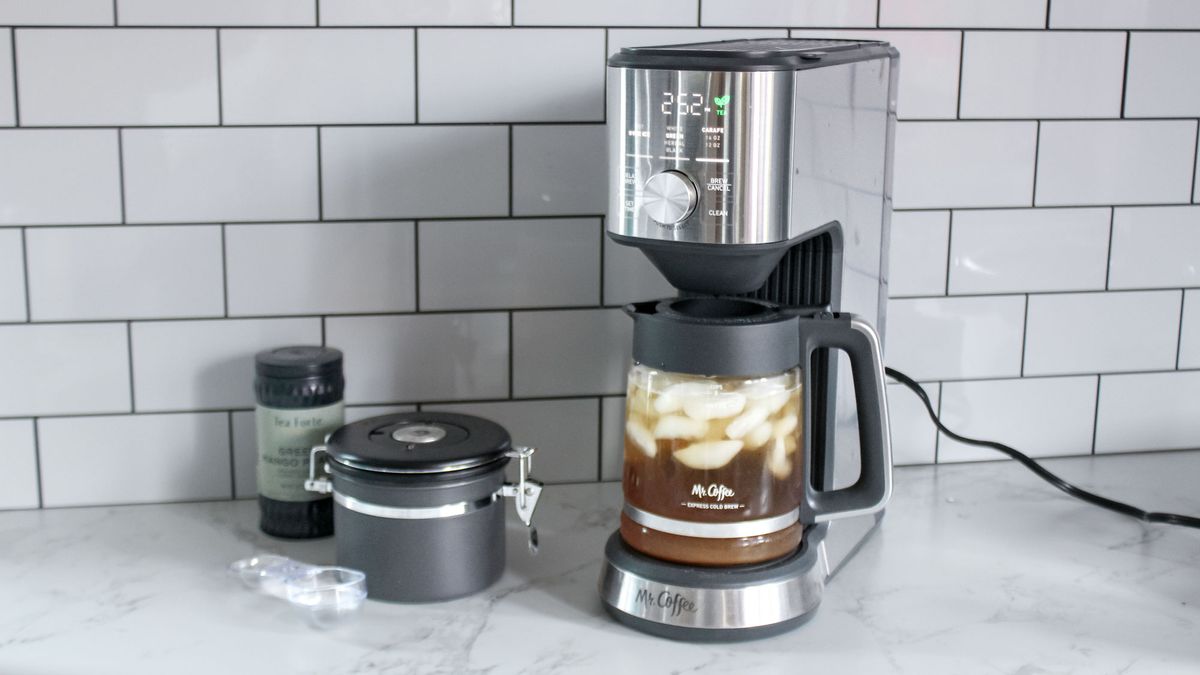 Mr. Coffee Perfect Brew Coffee Maker with a basket of iced coffee