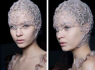 Model applied delicate lace masks on the hair shrouding the small braids