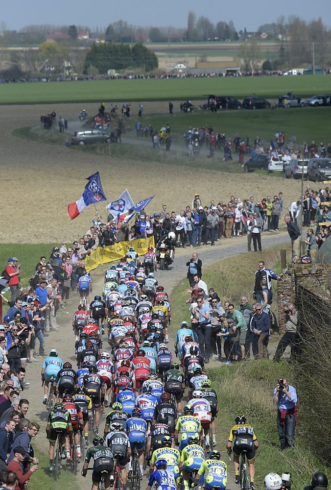 The pack rides during the 113th edition of the Paris-Roubaix