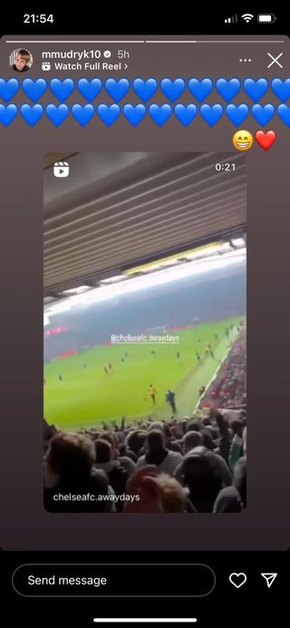 Mykhailo Mudryk shares a Chelsea chant poking fun at Arsenal on his Instagram account after making his debut against Liverpool in January 2023.