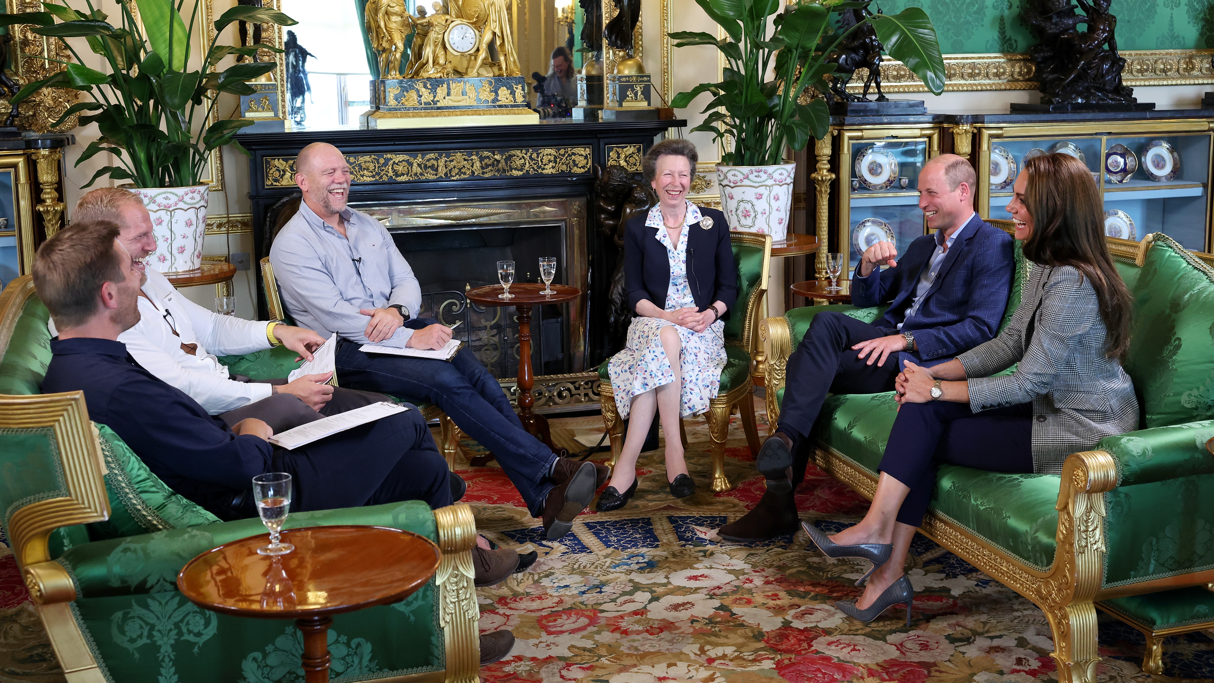 Mike Tindall, Princess Anne, Princess Royal, Prince William, Prince of Wales and Catherine, Princess of Wales attend the recording of a special episode of The Good, The Bad and The Rugby podcast