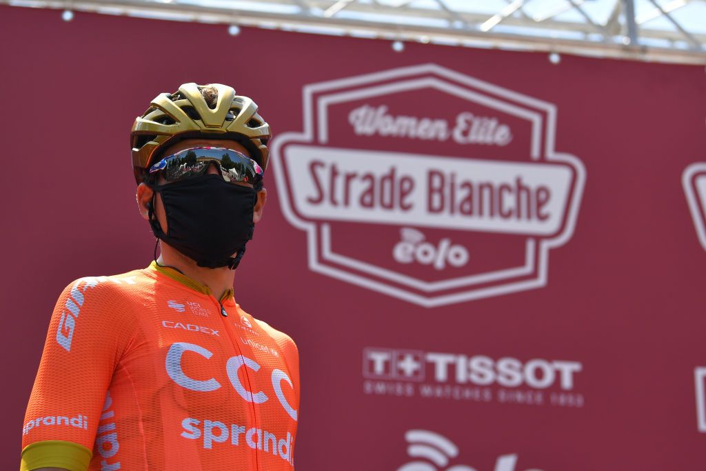 SIENA ITALY AUGUST 01 Start Greg Van Avermaet of Belgium and CCC Team during the Eroica 14th Strade Bianche 2020 Men a 184km race from Siena to SienaPiazza del Campo StradeBianche on August 01 2020 in Siena Italy Photo by Tim de WaeleGetty Images