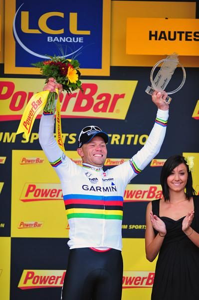 World champion Thor Hushovd on the podium for his stage victory in Gap.
