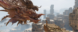 A flying CG dragon staring at a man standing at a barren outcrop at the edge of large rocky cliffs