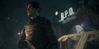 Leon Kennedy stands in the rain in Resident Evil 2.