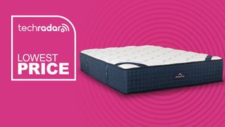DreamCloud Luxury Hybrid mattress against a magenta background with a graphic overlaid saying "LOWEST PRICE"