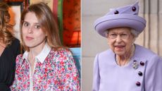 Composite of Princess Beatrice at a special event in London in 2024 and Queen Elizabeth at an Armed Forces Act of Loyalty Parade in 2022