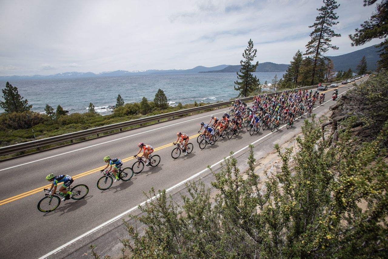 The women&rsquo;s peloton rolls along the shores of Lake Tahoe for stage one of the Women&rsquo;s World Tour race there.