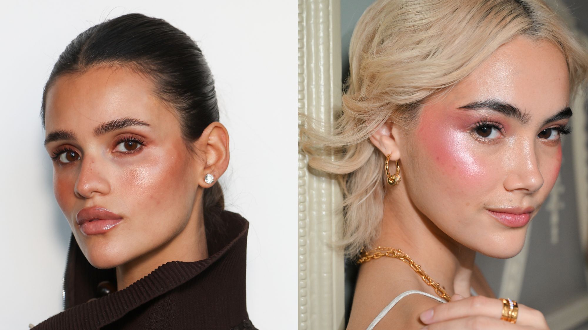 Two models during fashion week with distinctive blusher looks