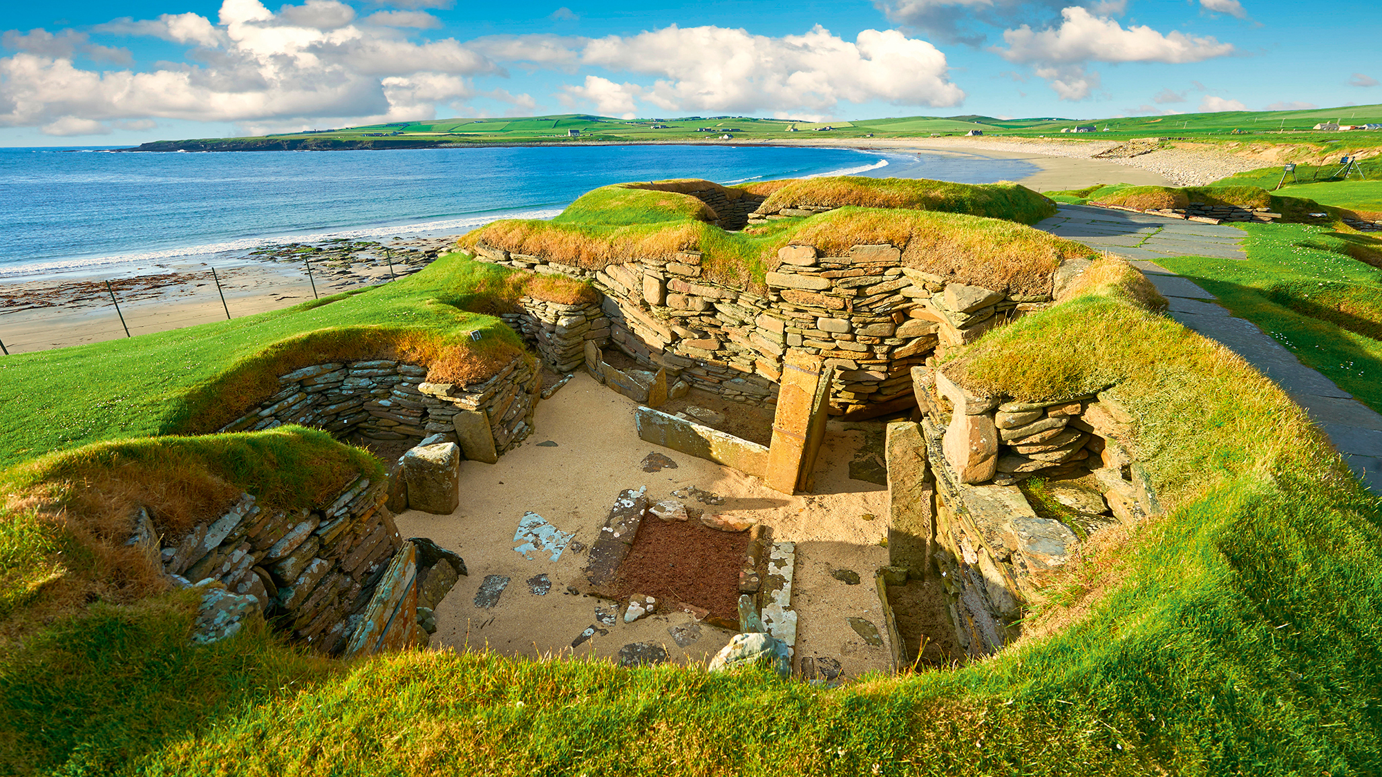 Skara Brae on the Orkney Islands in later afternoon sunshine