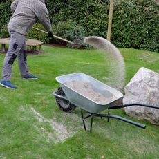 A man spreads sand from a wheelbarrow over a lawn